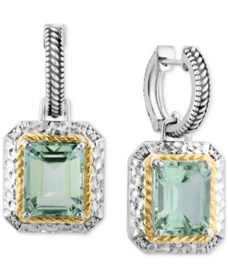 EFFY Collection - Green Quartz (6-5/8 ct. t.w.) & Diamond (1/20 ct. t.w.) Dangle Hoop Drop Earrings in Sterling Silver & 14k Gold-Plate
