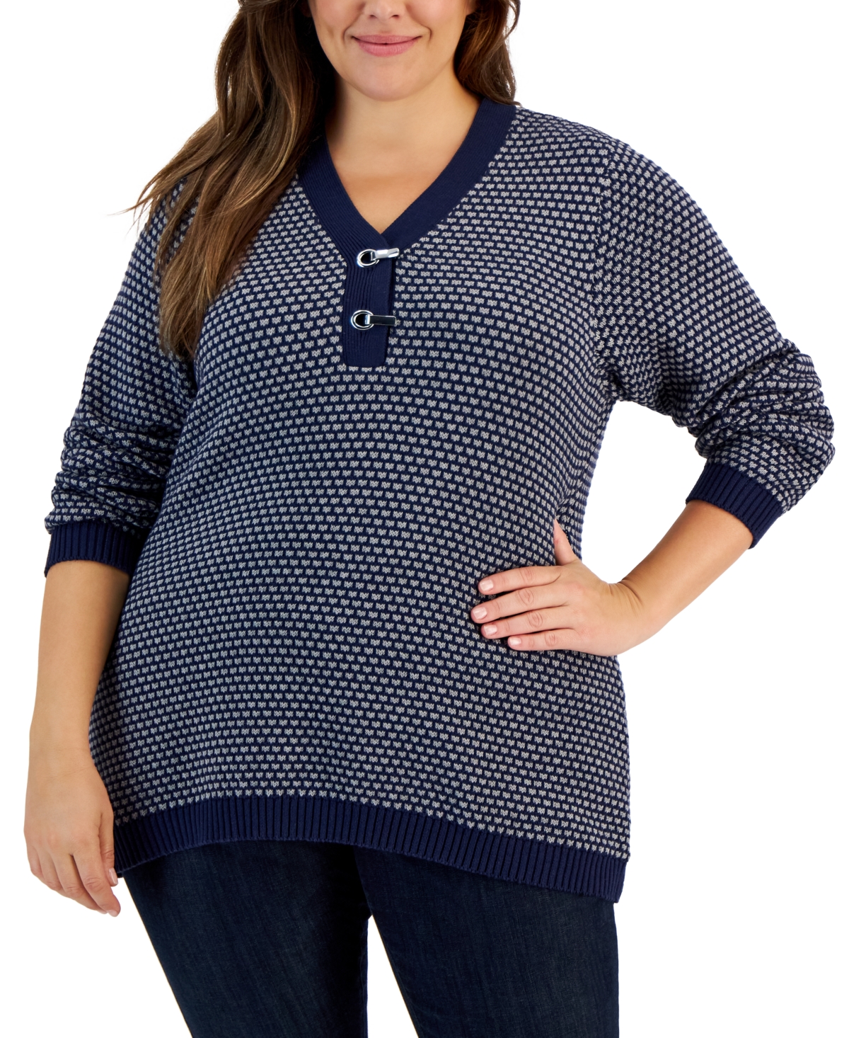Karen Scott Plus Size Cotton Textured Toggle Henley Sweater, Created For Macy's In Intrepid Blue Combo