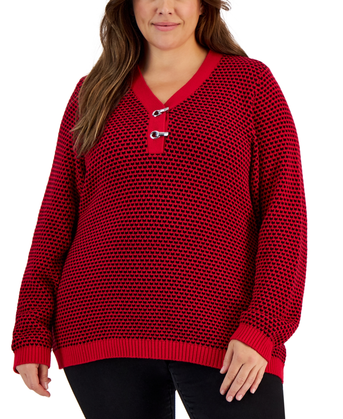 Karen Scott Plus Size Cotton Textured Toggle Henley Sweater, Created For Macy's In New Red Amore Combo