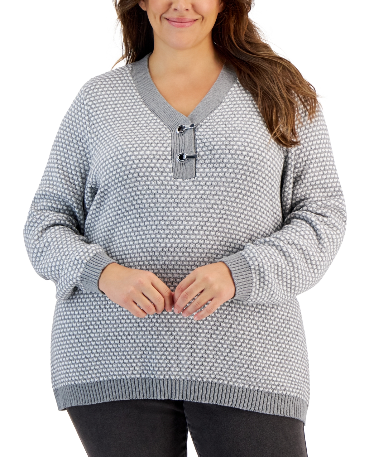 Karen Scott Plus Size Cotton Textured Toggle Henley Sweater, Created For Macy's In Smoke Gry Combo