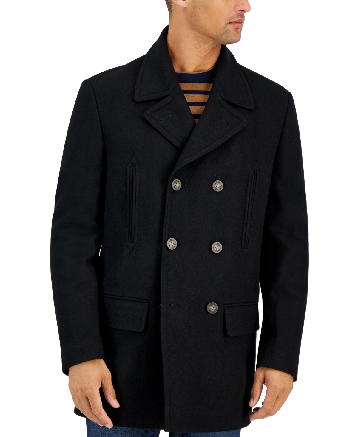 Shop Michael Kors Men's Classic Fit Double-breasted Wool Blend Peacoats In Black