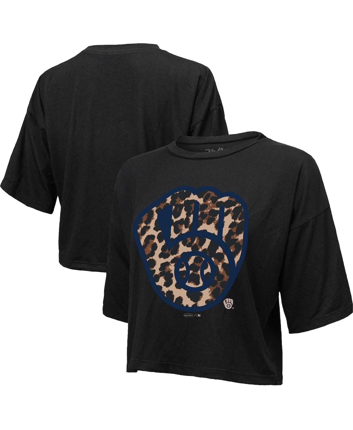 Shop Majestic Women's  Threads Black Milwaukee Brewers Leopard Cropped T-shirt