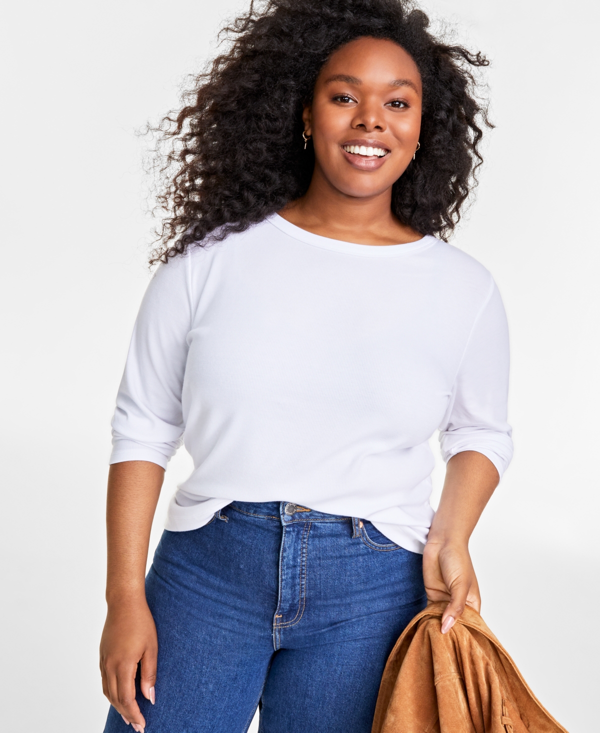 On 34th Plus Size Ribbed Long-sleeve T-shirt, Created For Macy's In Bright White