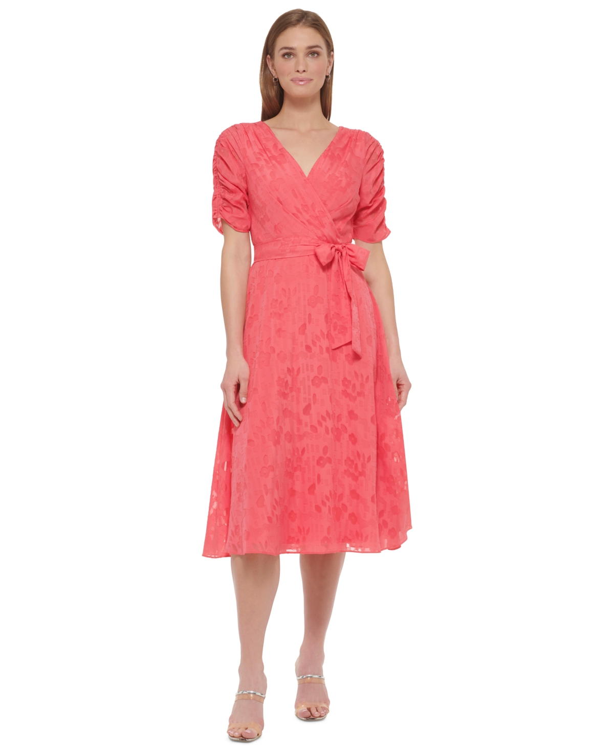 Dkny Women's Primrose Burnout Ruched-sleeve Midi Dress In Coral Hana