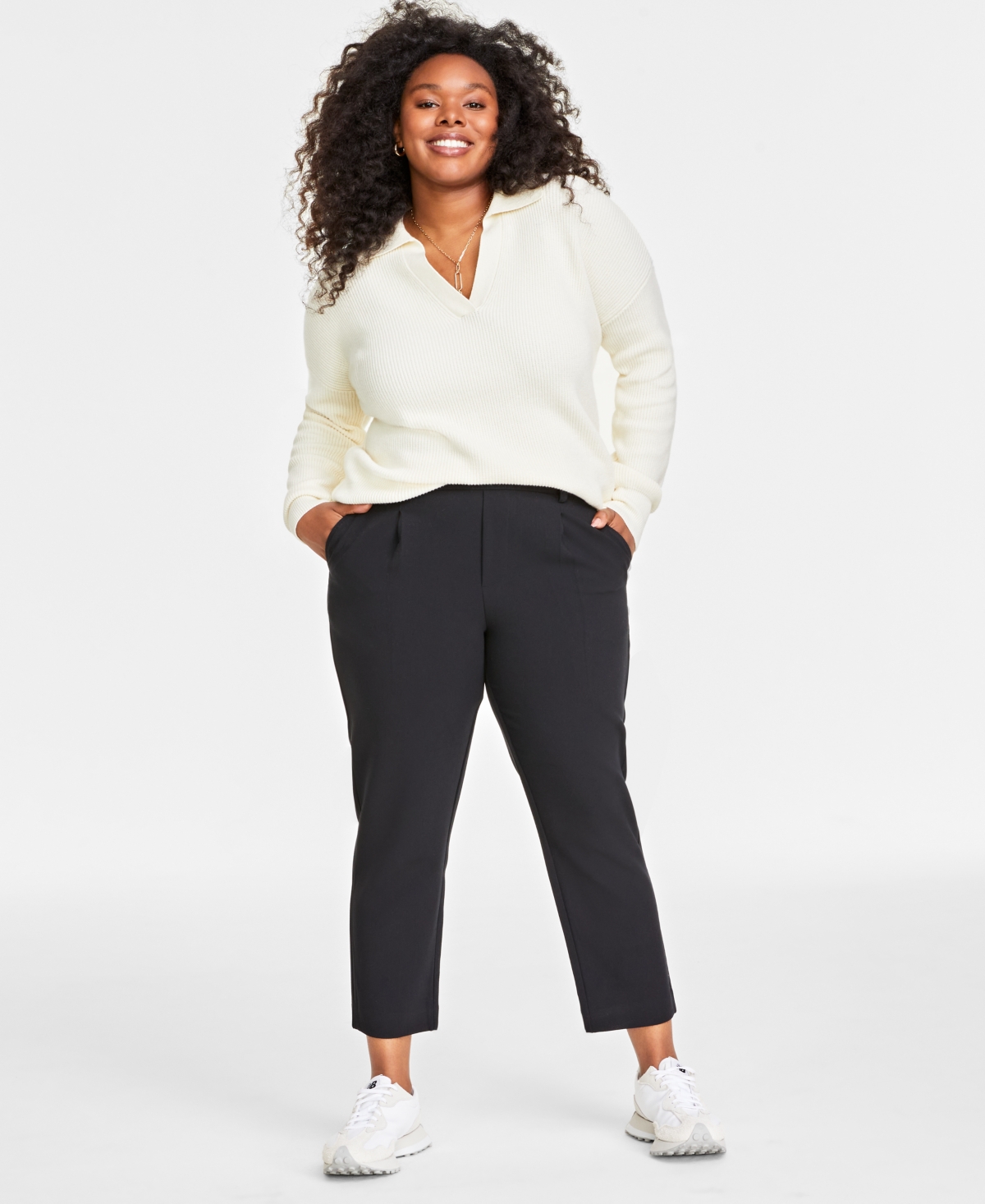 On 34th Plus Size Solid Double-weave Ankle Pants, Created For Macy's In Deep Black