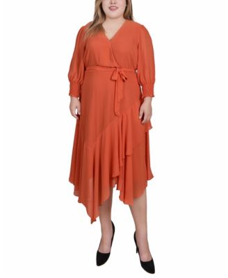 NY Collection Plus Size 3/4 Sleeve Belted Chiffon Handkerchief Hem Dress -  Macy's