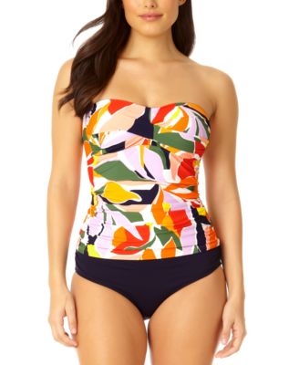 ANNE COLE WOMENS PRINTED TWIST FRONT BANDEAUKINI SOLID HIGH WAISTED BOTTOMS