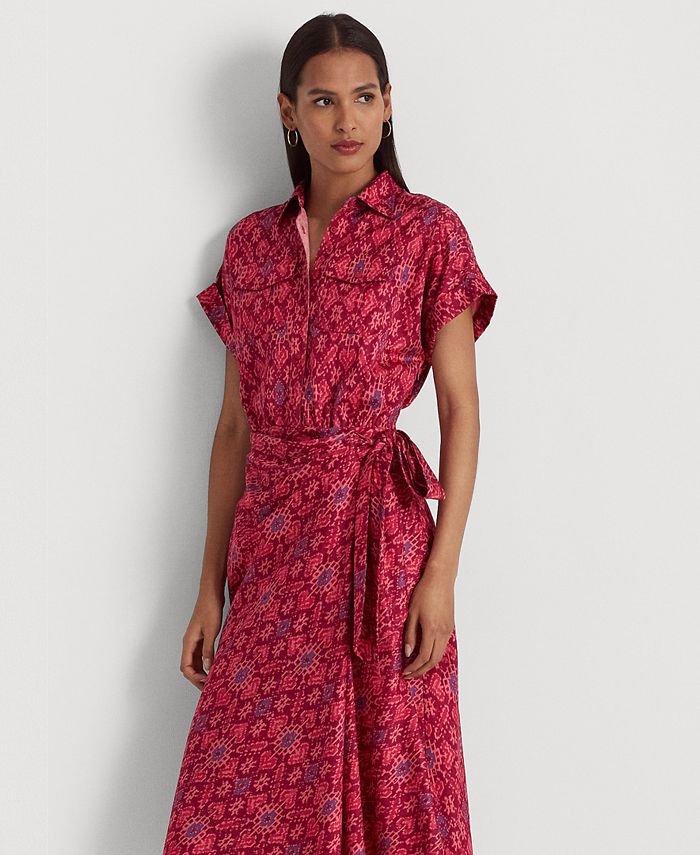Lauren Ralph Lauren Petite Women's Geo-Print Shantung Tie-Waist Dress ...