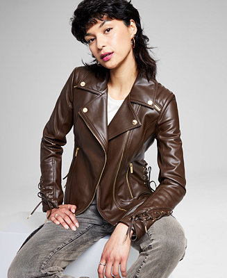 GUESS Women's Faux-Leather Asymmetric Moto Coat - Macy's