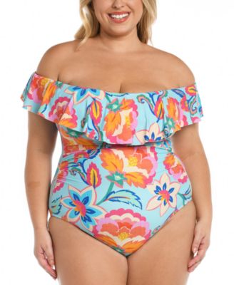 La Blanca Plus Size Breezy Beauty Off The Shoulder Ruffle One Piece Swimsuit Macy s