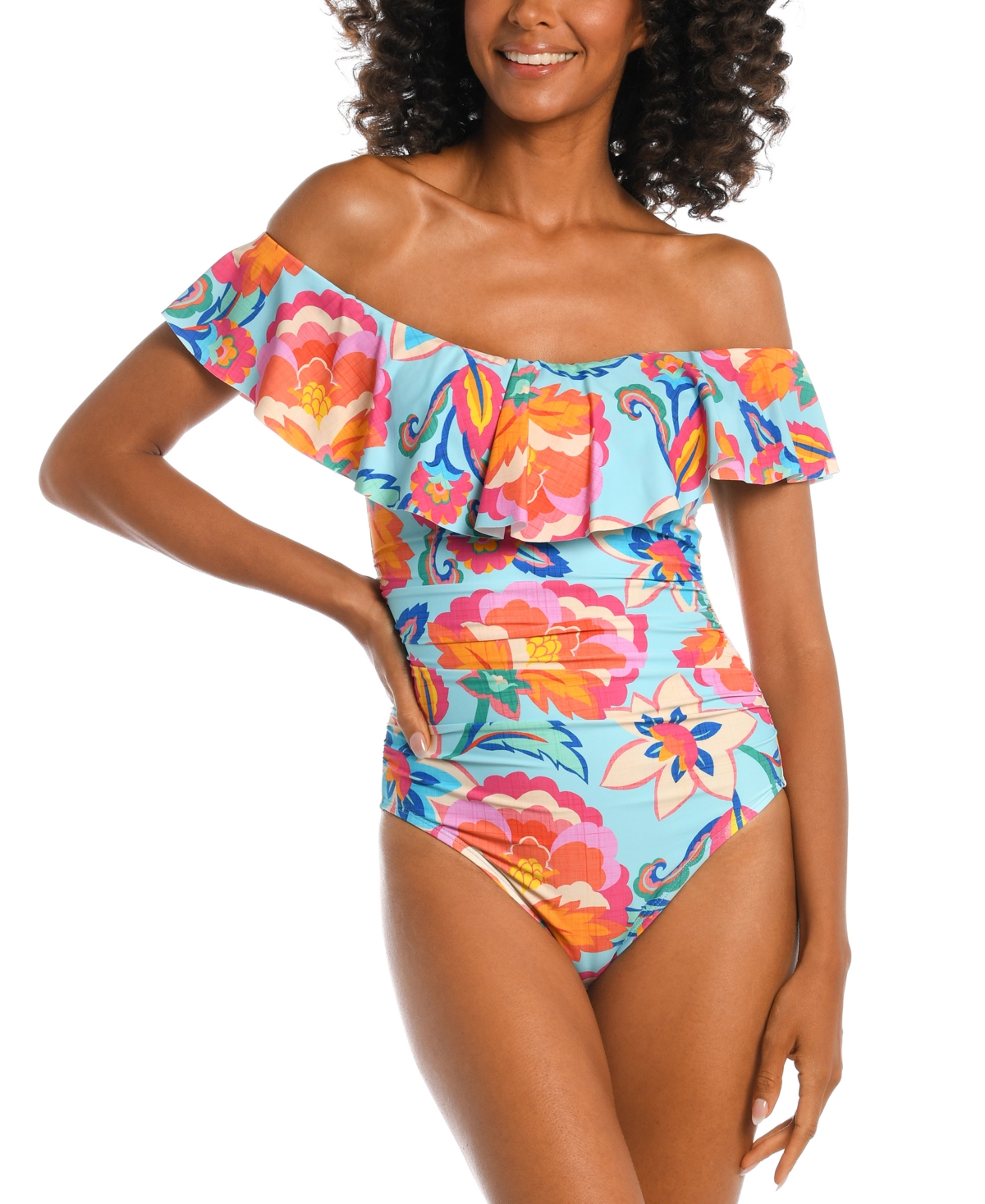 La Blanca Breezy Off-shoulder Ruffle One-piece Swimsuit In Floral Multi
