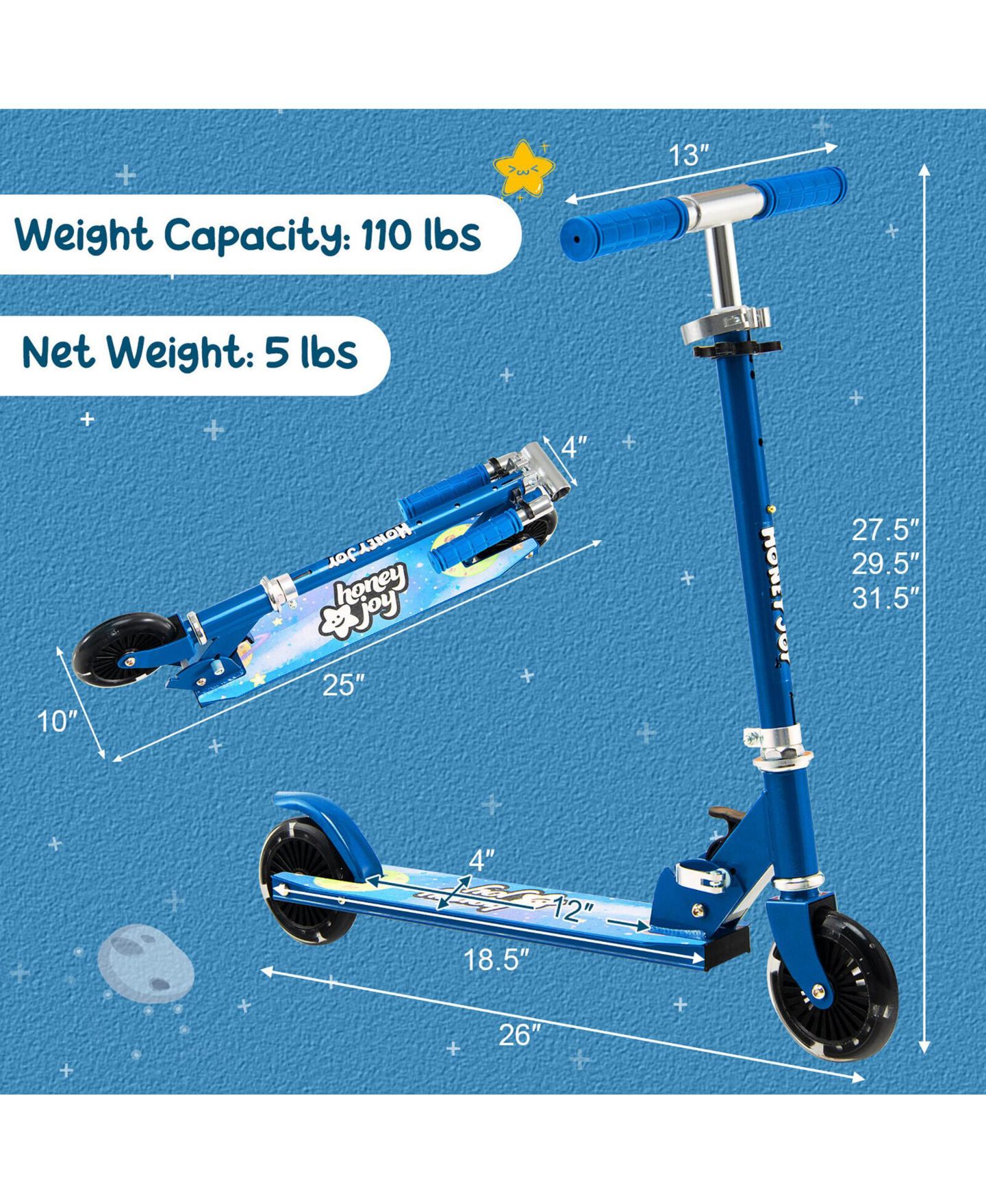 Детская игрушка Costway Folding Adjustable Height Kids Toy Kick Scooter Rear Brake 2 Flashing, цвет: Синий — фото 3