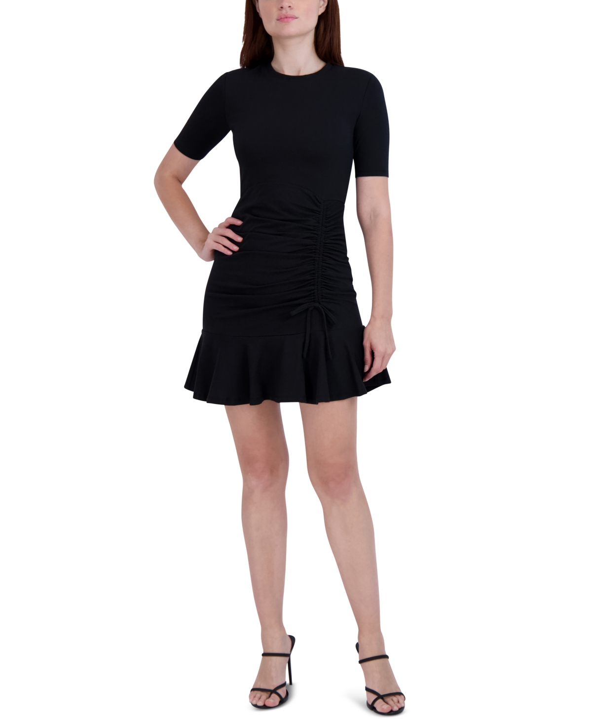 Bcbgeneration Women's Ruched-front Short-sleeve Mini Dress In Black