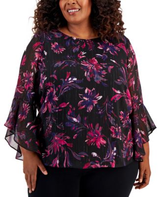 Kasper - Plus Size Printed Ruffle-Sleeve Blouse