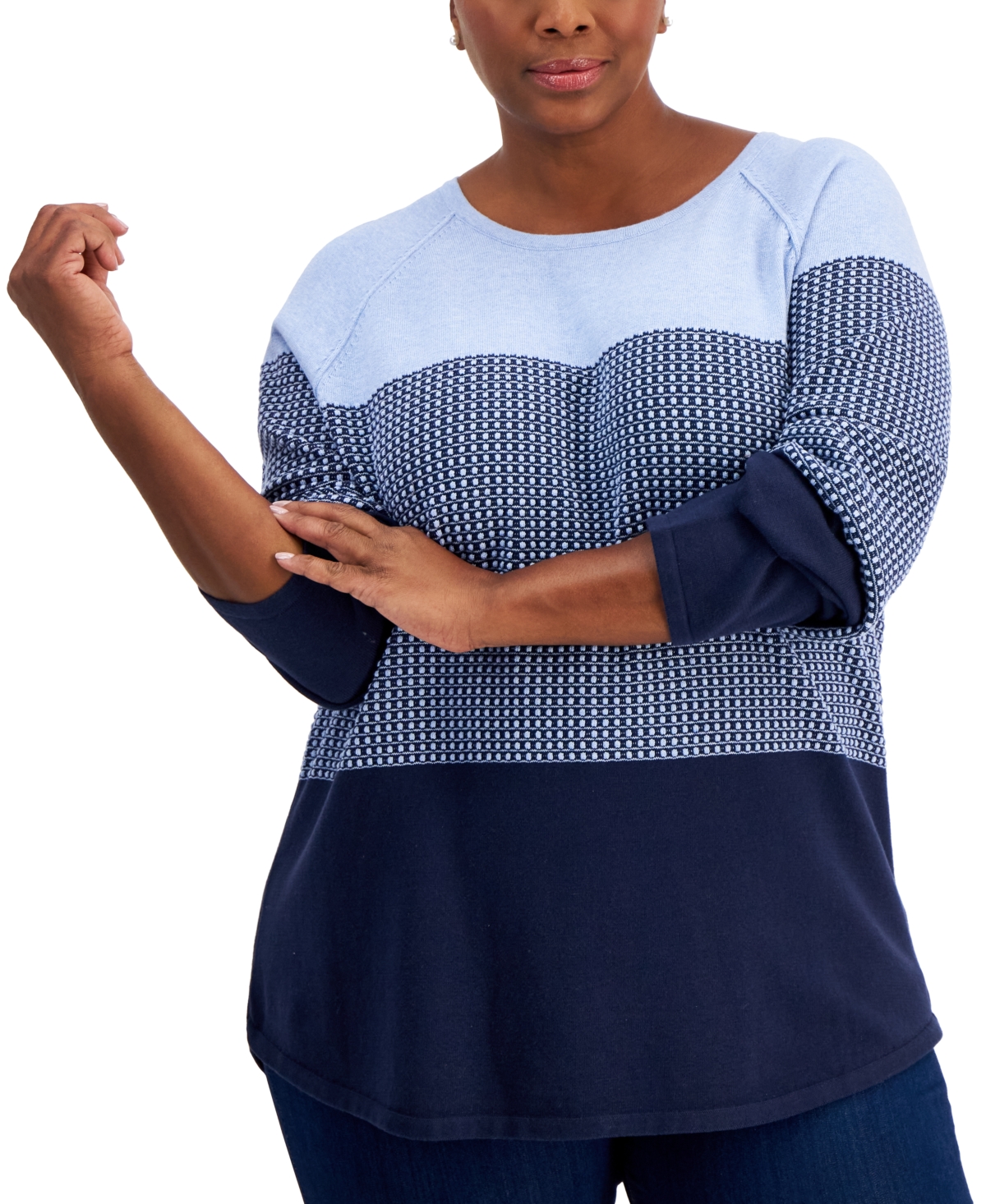Karen Scott Plus Size Textured Colorblocked Cotton Sweater, Created For Macy's In Intrepid Blue