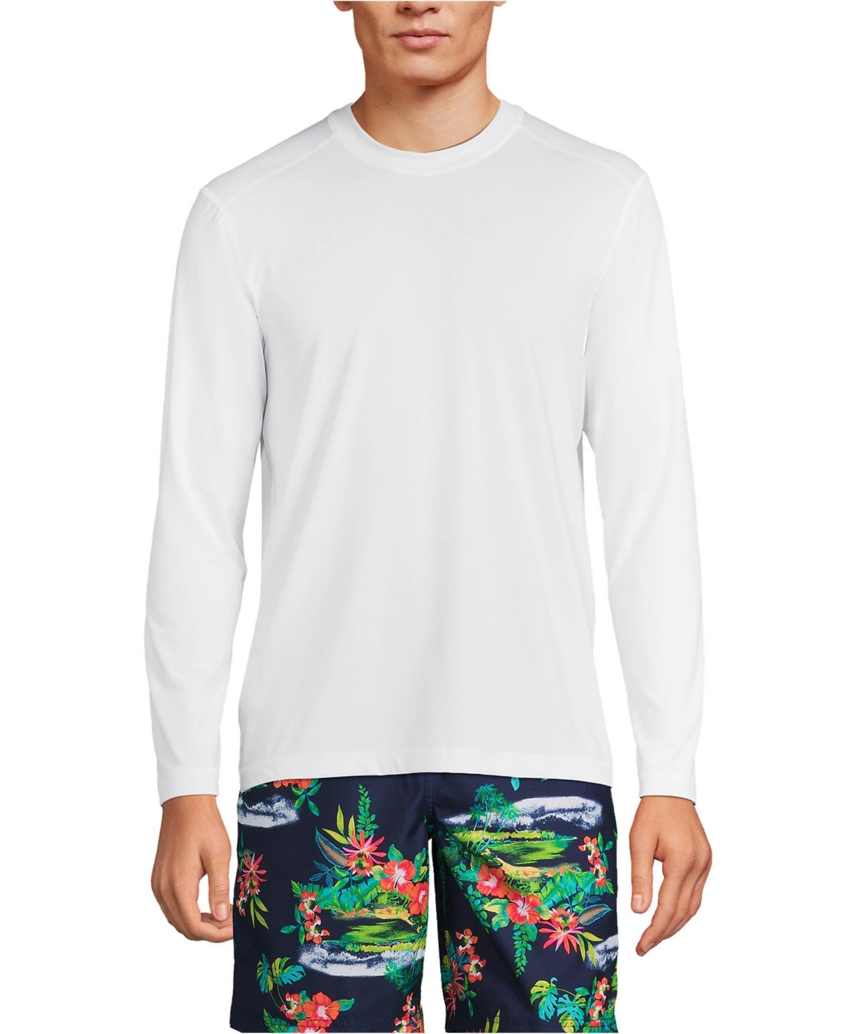 Lands' End Men's SunShade Upf 50 Long Sleeve Swim Tee Cooling Rash Guard - White