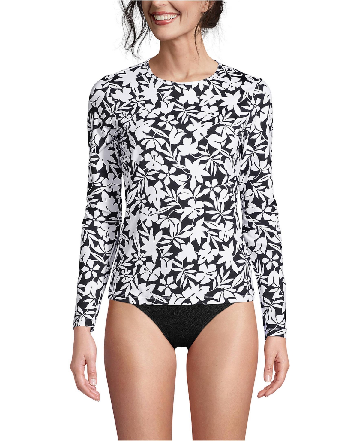 Lands' End Women's Long Crew Neck Long Sleeve Rash Guard Upf 50 Sun Protection Swim Tee