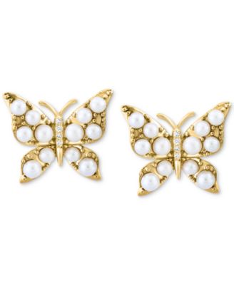 EFFY&reg; Freshwater Pearl (2 - 2-1/2mm) & Diamond Accent Butterfly Stud Earrings in 14k Gold