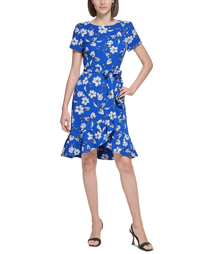 Calvin Klein Petite Floral-Print Ruffled Sheath Dress - Macy's