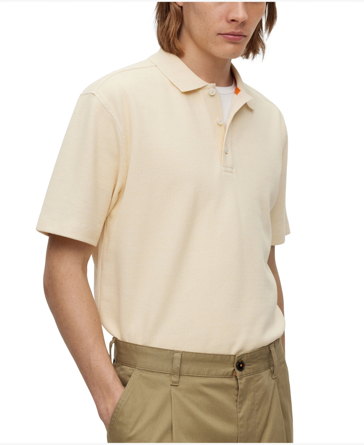 Shop Hugo Boss Boss By  Men's Waffle Structure Cotton-blend Relaxed-fit Polo Shirt In Light Beige