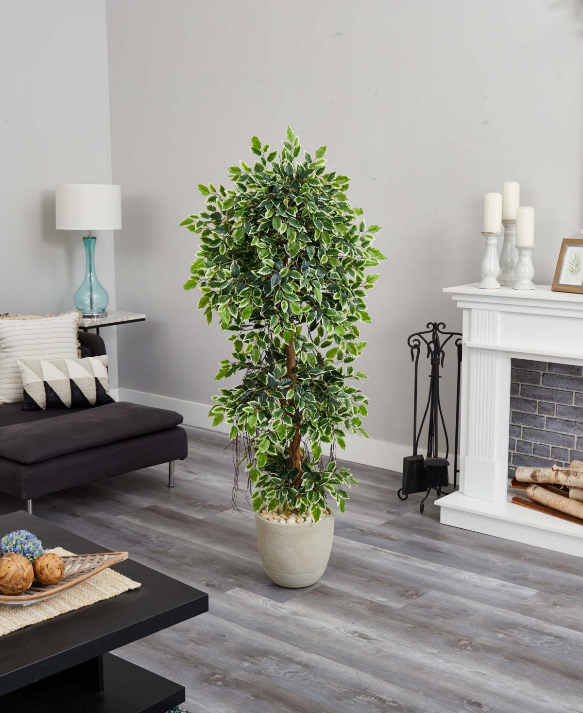 Nearly Natural 63" Elegant Ficus Artificial Tree In Sandstone Planter In Green