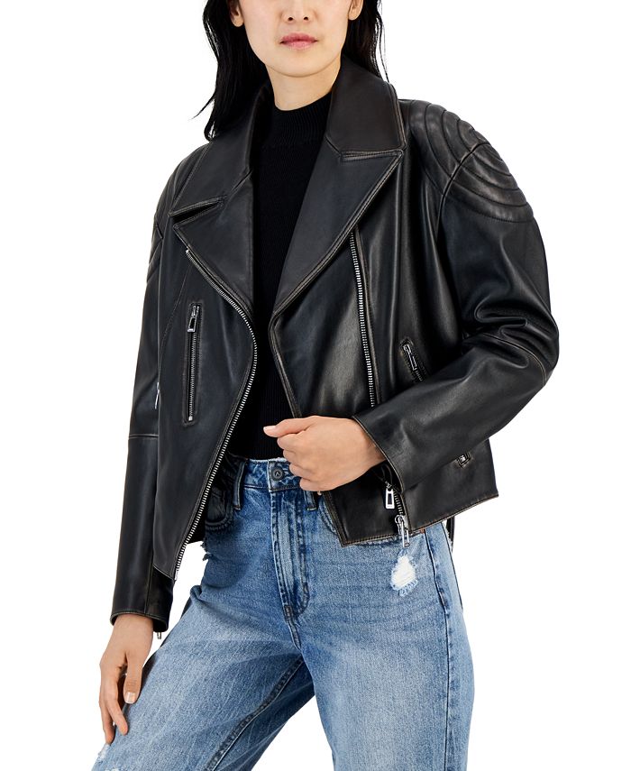 HUGO Women's Leather Zip-Sleeve Oversized Biker Jacket - Macy's