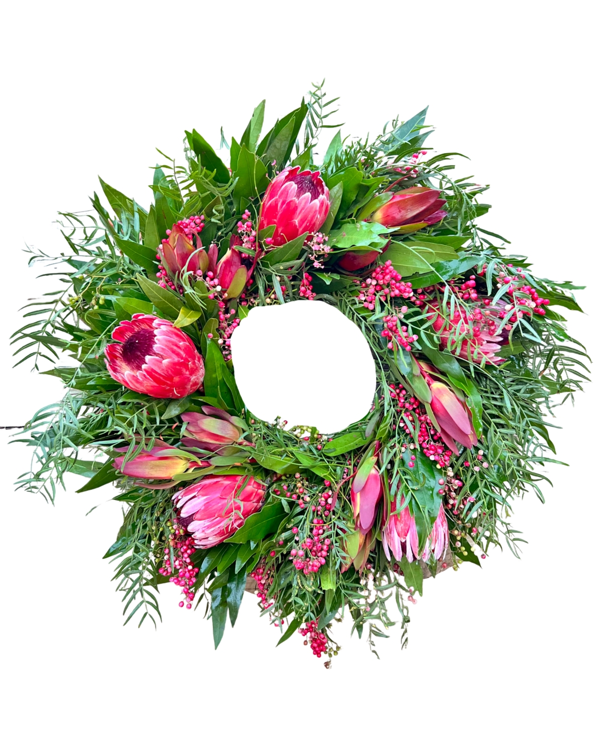 Fresh Real Bayleaf, Pepperberry and Pink Ice Proteas Spring Wreath