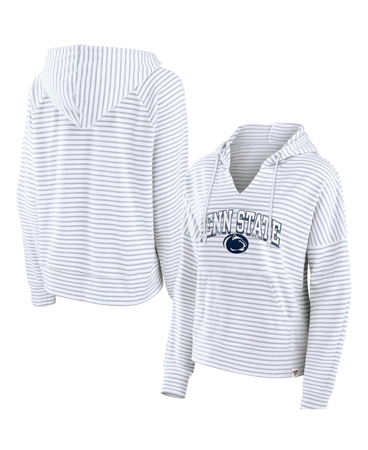 Fanatics Women's White/gray Penn State Nittany Lions Arch Logo Striped Notch Neck Pullover Hoodie In White