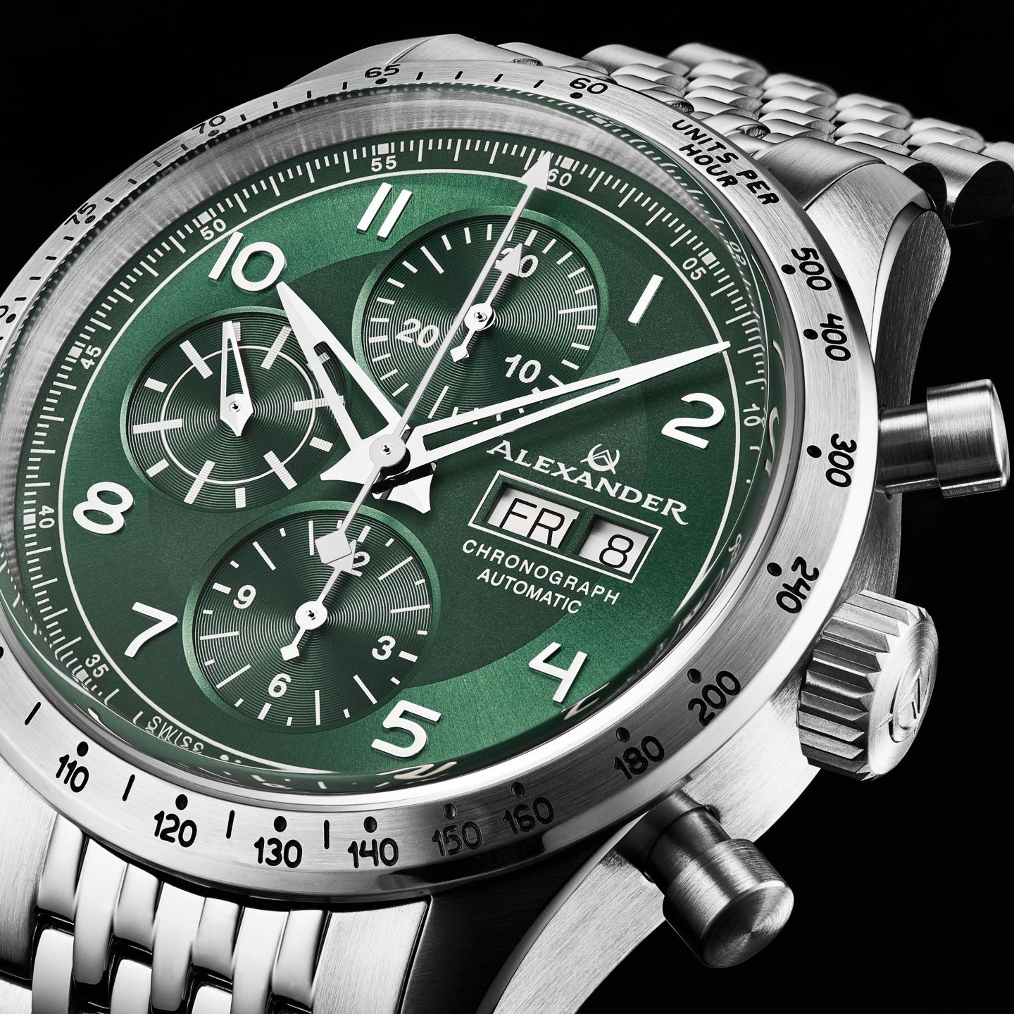 Мужские часы Alexander Megalos Swiss Automatic Chronograph 43mm Silver Tone Stainless Steel Case Green Dial Sapphire Crystal 100M Water Resistant — фото 2