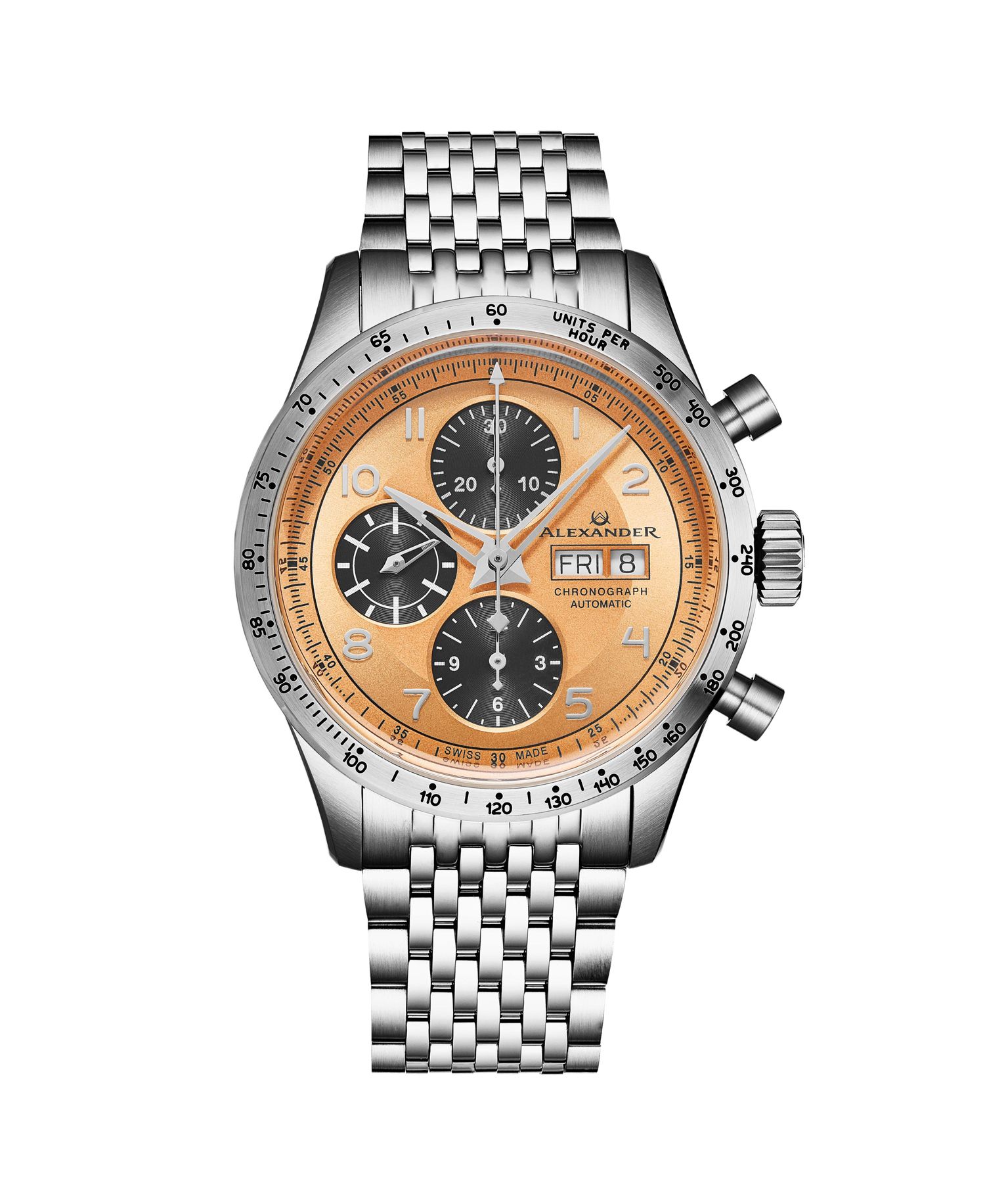 Megalos Men's Swiss Automatic Chronograph 43mm Silver Tone Stainless Steel Case Champagne Dial Sapphire Crystal 100M Water Resistant