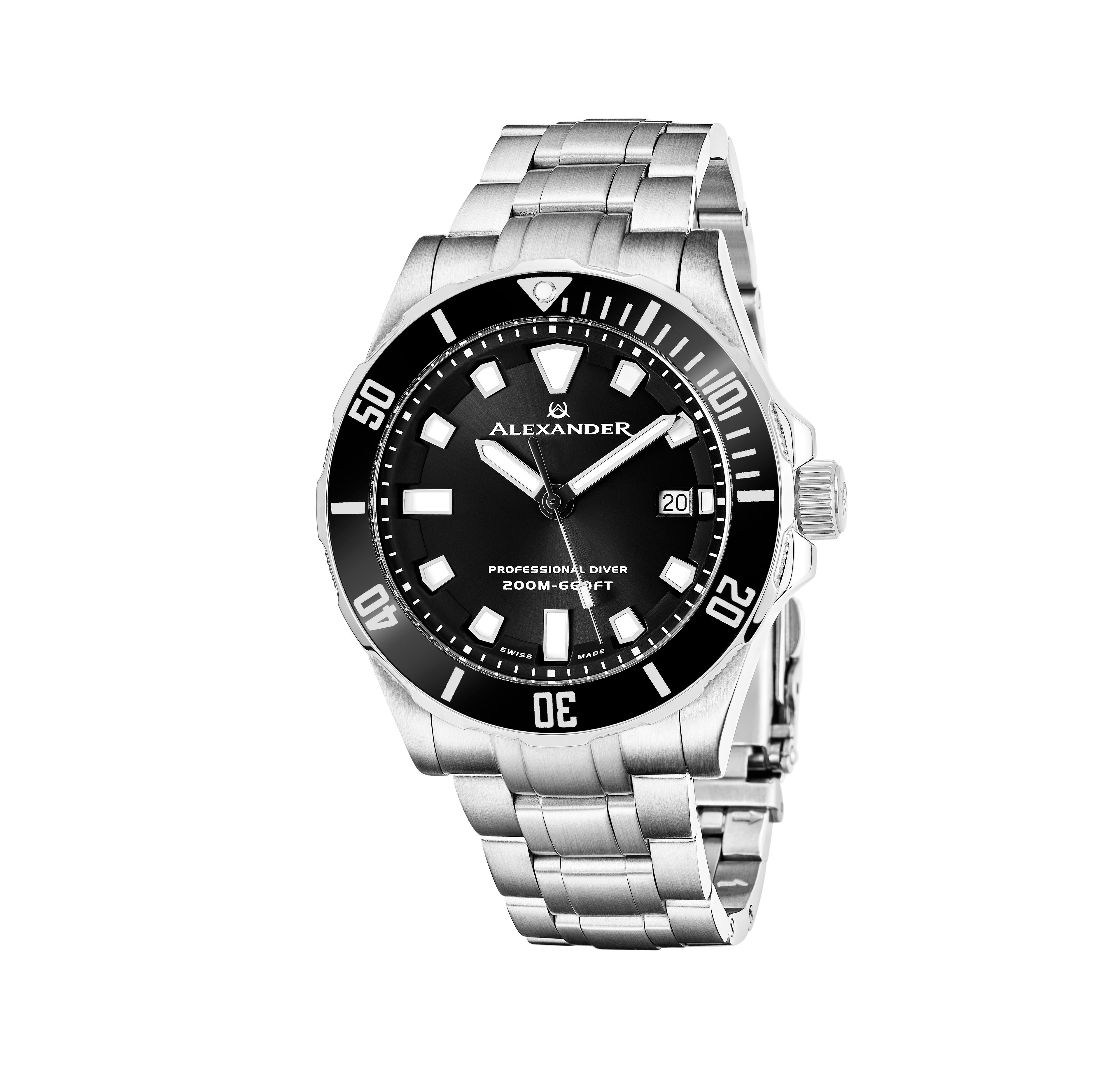 Alexander Men's Vathos Silver-tone Stainless Steel , Black Dial , 42mm Round Watch