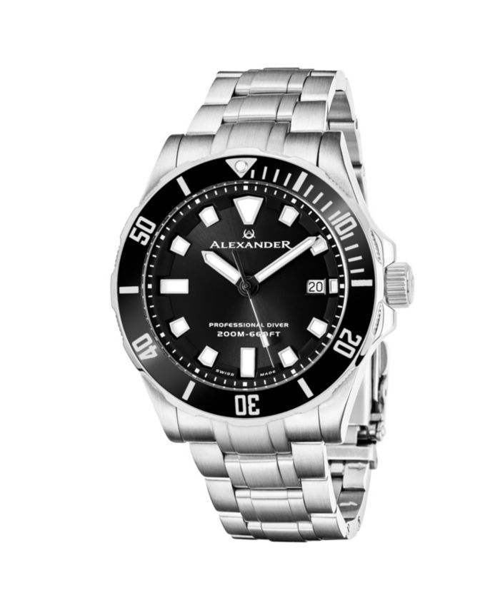 Alexander Mens Vathos Silver Tone Stainless Steel Black Dial 42mm Round Watch