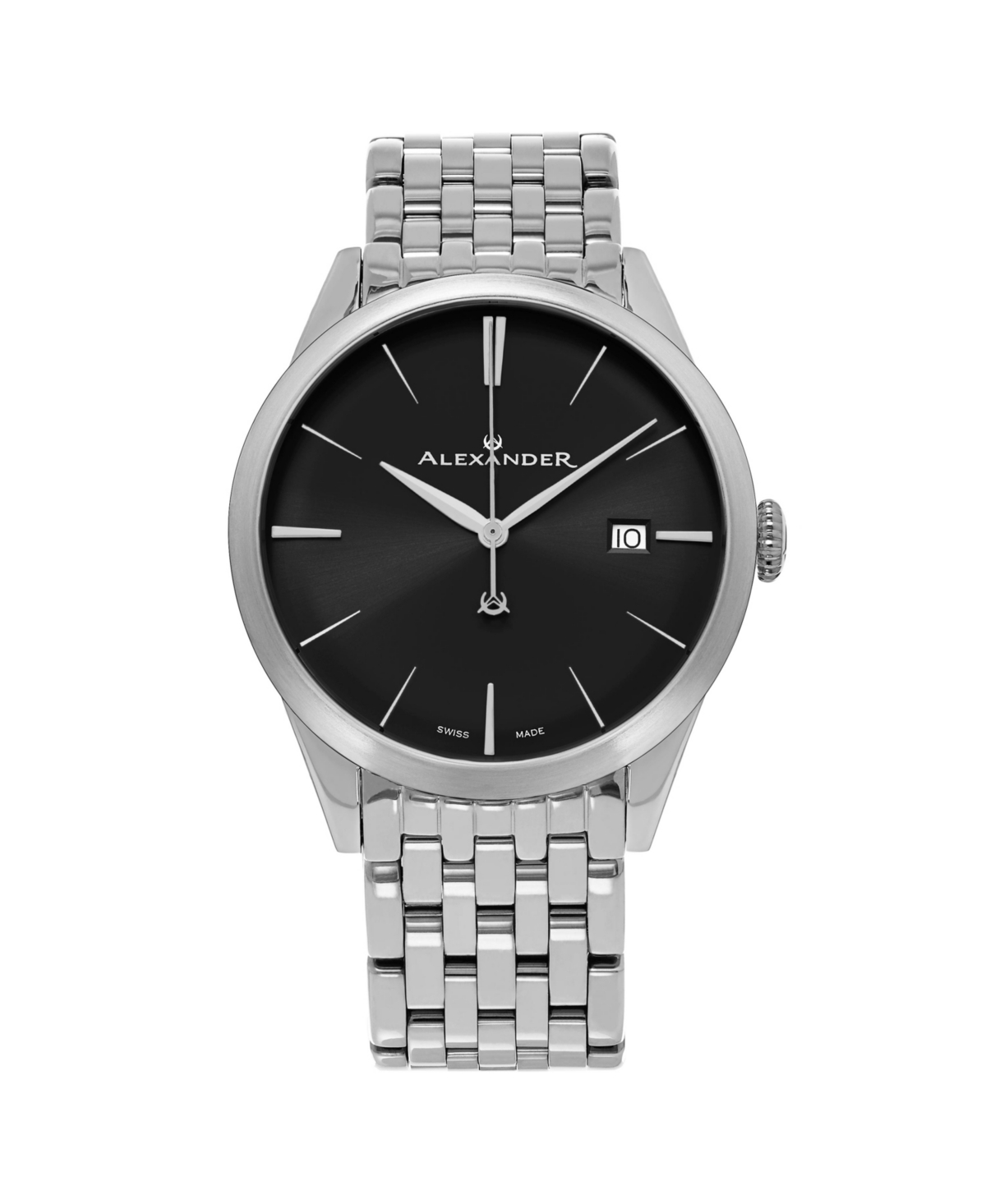 ALEXANDER MEN'S SOPHISTICATE SILVER-TONE STAINLESS STEEL , BLACK DIAL , 40MM ROUND WATCH