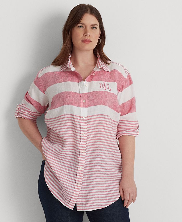 Lauren Ralph Lauren Plus Size Striped Roll-Tab Linen Shirt & Reviews - Tops  - Plus Sizes - Macy's