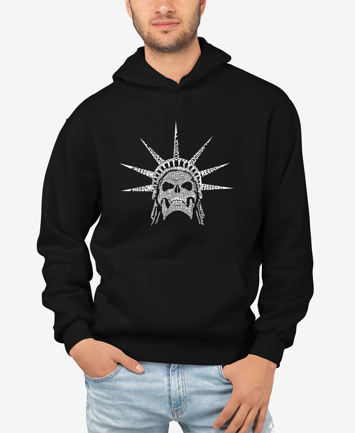 La Pop Art Men's Freedom Skull Word Art Long Sleeve Hooded Sweatshirt In Black