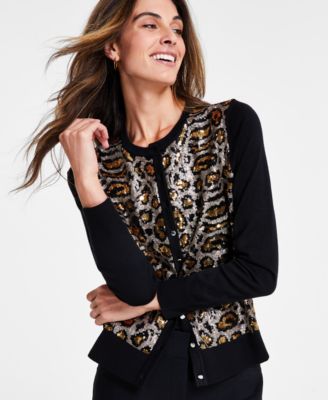 Women's Leopard Sequin Party Cardigan Sweater, Created for Macy's