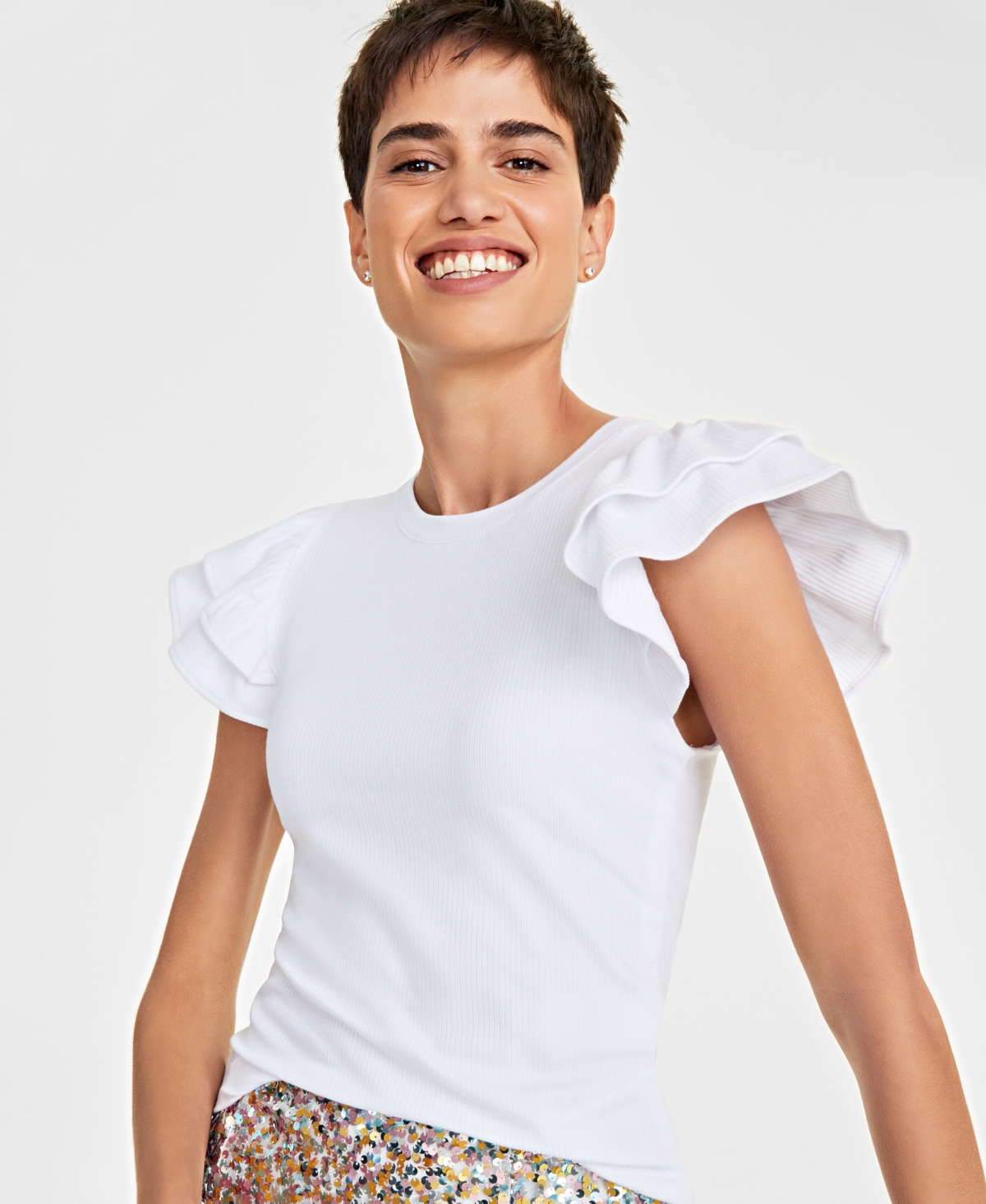 On 34th Women's Flutter-sleeve Ribbed Top, Created For Macy's In Bright White