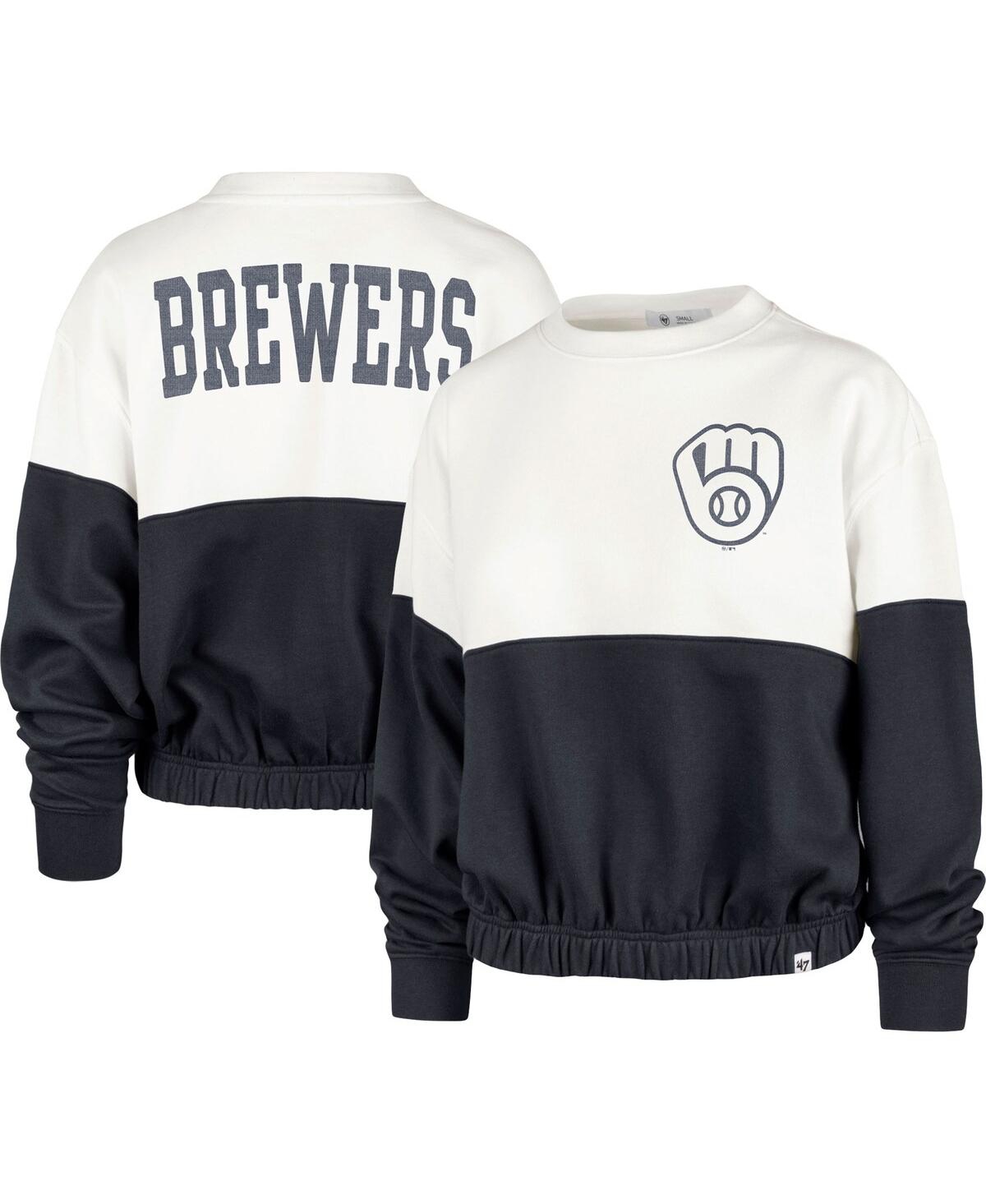 47 BRAND WOMEN'S '47 BRAND WHITE, NAVY MILWAUKEE BREWERS TAKE TWO BONITA PULLOVER SWEATSHIRT 