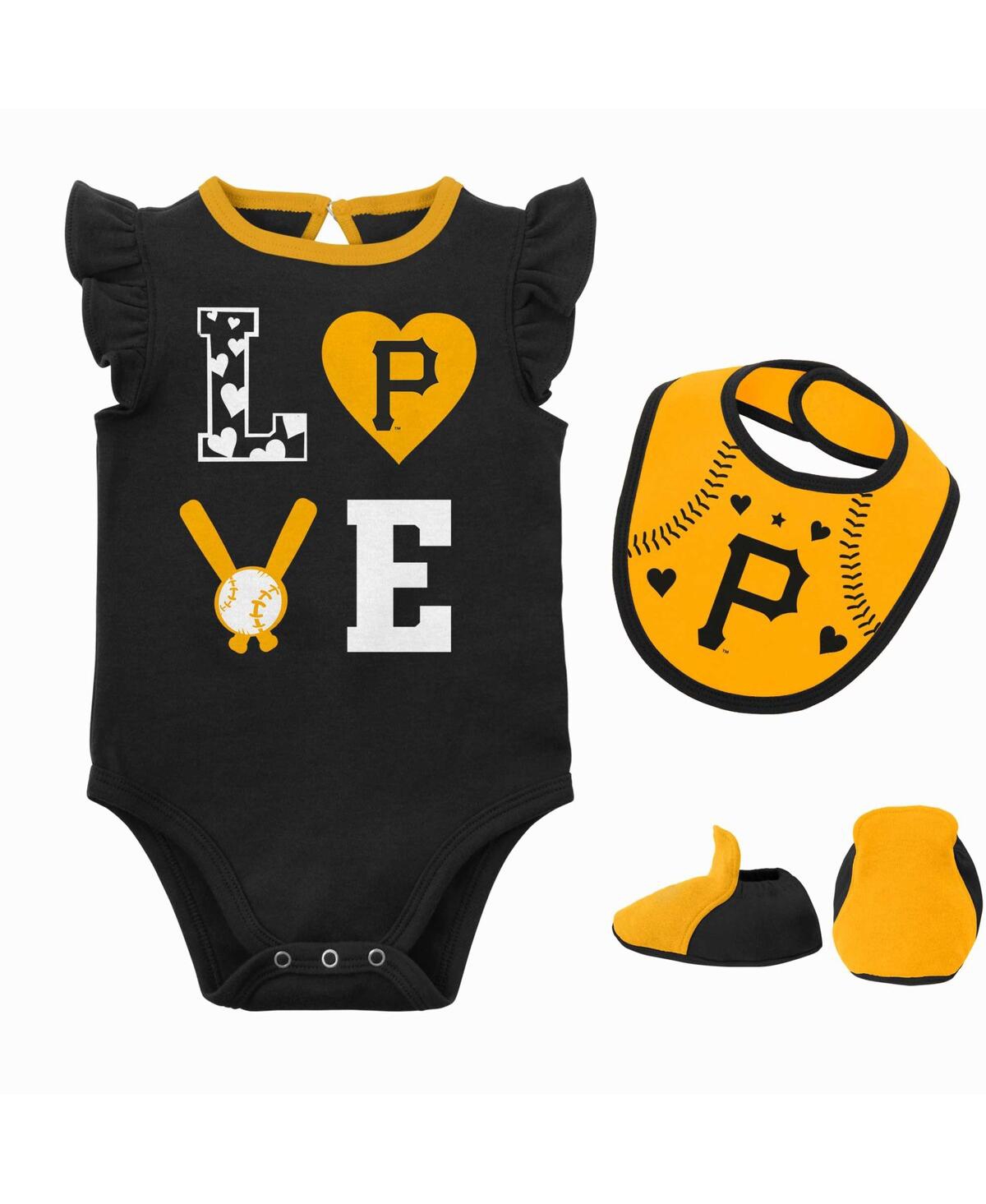 Outerstuff Newborn & Infant Black/gold Pittsburgh Pirates Three-piece Love Of Baseball Bib Bodysuit & Booties S In Black,gold