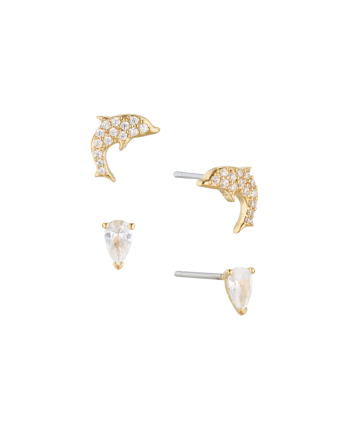 Ava Nadri Gold Cubic Zirconia Dolphin Style And Pear Shaped Stud Earrings Set Of Two Pair