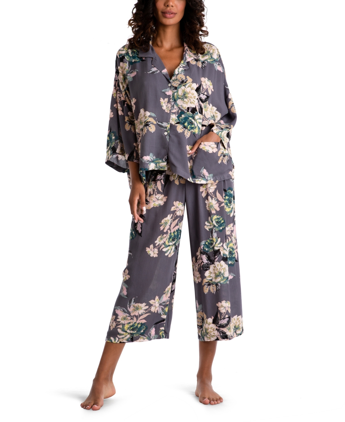 Midnight Bakery Laveau Floral Print Crop Pajamas In Charcoal