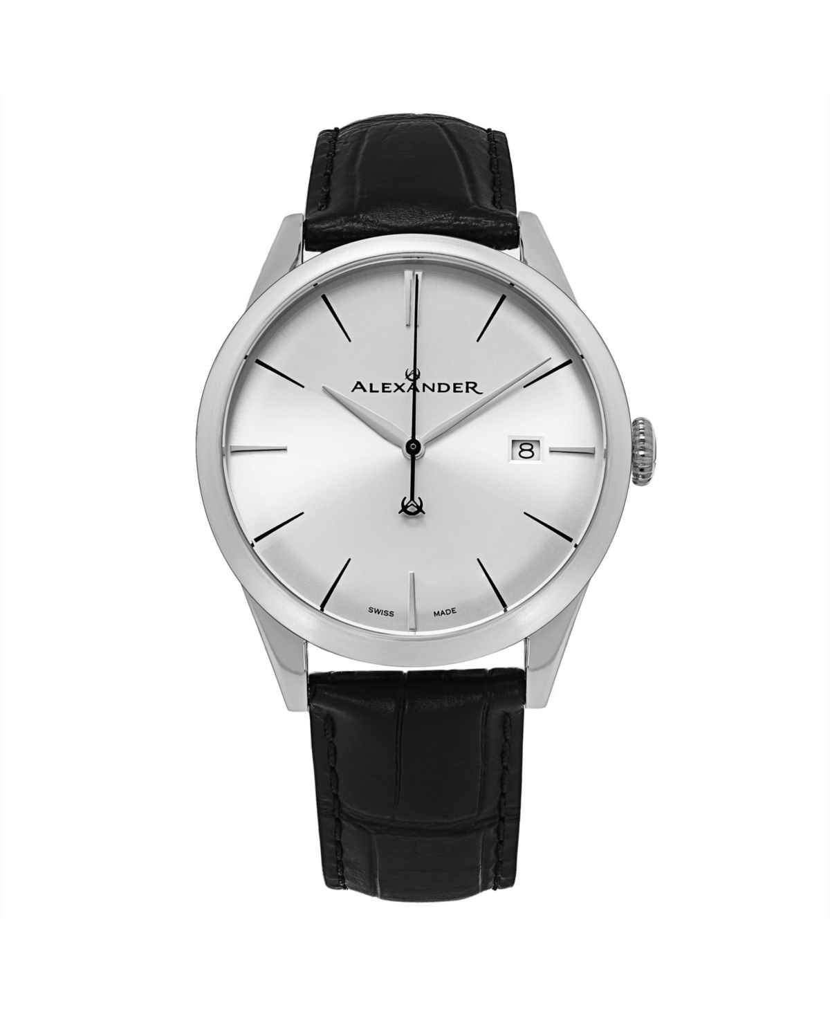 ALEXANDER MEN'S SOPHISTICATE BLACK LEATHER , SILVER-TONE DIAL , 40MM ROUND WATCH