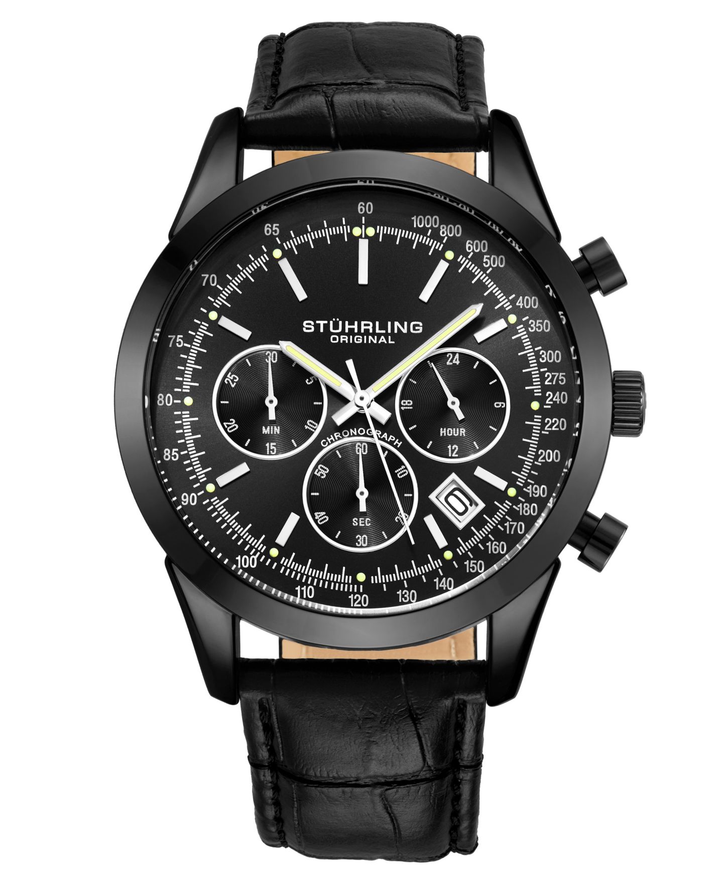 Мужские часы Stuhrling Monaco Black Leather, Black Dial, 44mm Round Watch — фото 1