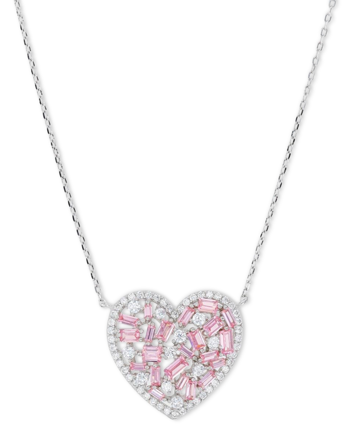 Macy's Pink & White Cubic Zirconia Heart Halo Pendant Necklace In Sterling Silver, 18" + 2" Extender