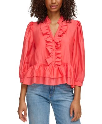 KARL LAGERFELD PARIS - Women's Split-Neck Ruffled Top