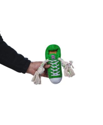 Squeaking Comfort Plush Sneaker Dog Toy – Rope, Squeaker & Treat Compartment, Safe & Durable – Green