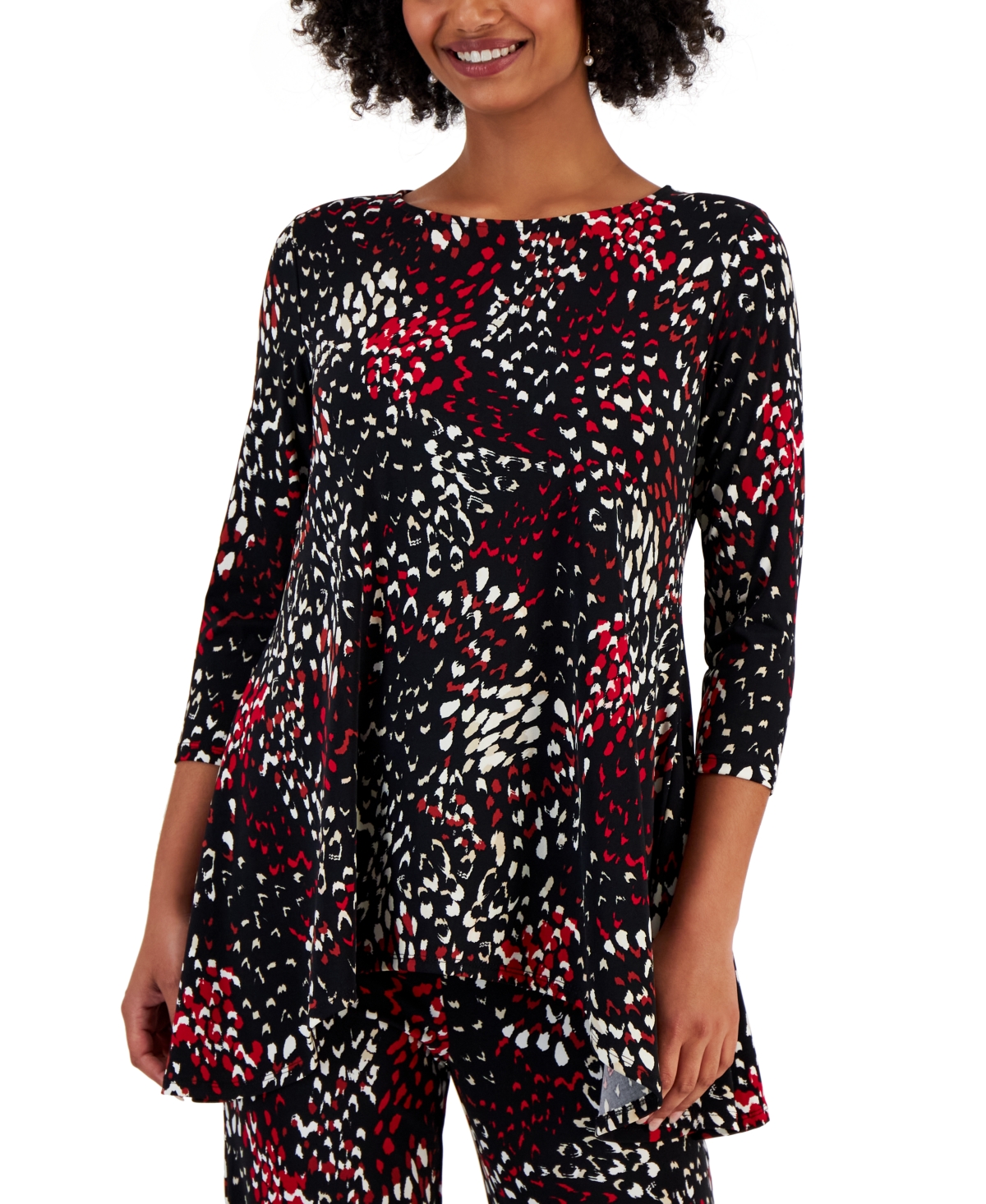 JM COLLECTION PETITE PRINTED 3/4-SLEEVE LONG TOP, CREATED FOR MACY'S 