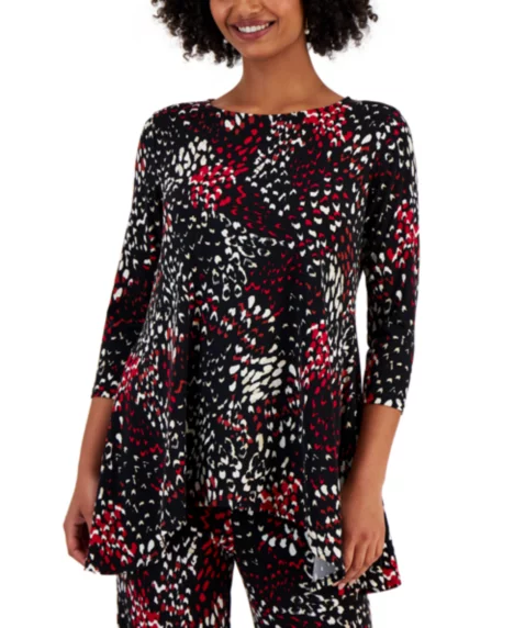 Petite Printed 3/4-Sleeve Long Top - Deep Black Combo