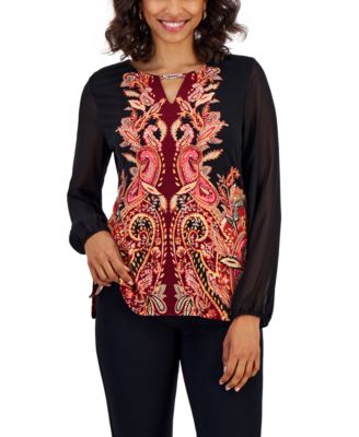 JM Collection - Petite Chiffon-Sleeve Crystal-Trim Blouse