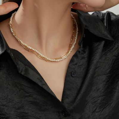 18K Gold Plated Paper Clip Chain with Freshwater Pearls - Mollie Necklace 17" For Women